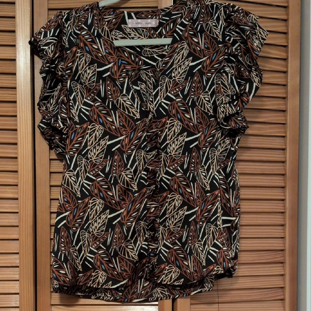 Traffic People Black and Brown Leaf Print Blouse